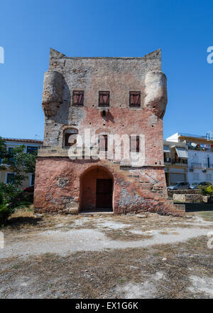 Markelos old, red tower in Aegina city, Aegina island in Greece Stock Photo