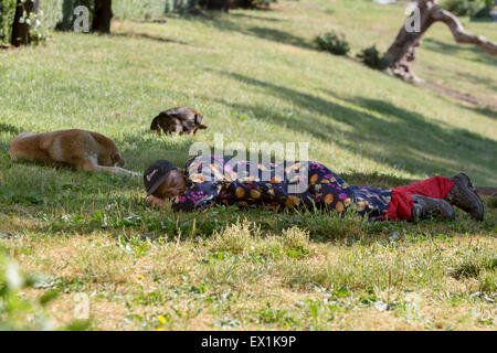 Sofia, Bulgaria - June 11, 2015: A homeless man is sleeping on a meadow in the center of Sofia with homeless dogs next to him. Stock Photo