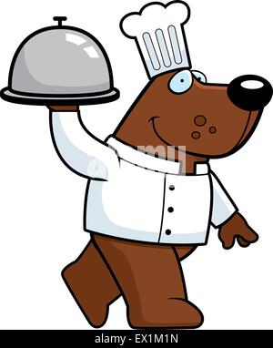 A happy cartoon bear chef with a serving tray. Stock Vector