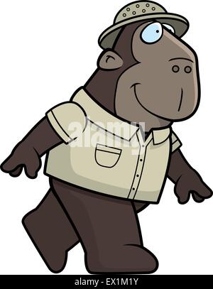 A happy cartoon ape explorer walking and smiling. Stock Vector