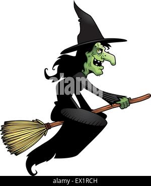 A cartoon witch flying on a broomstick. Stock Vector