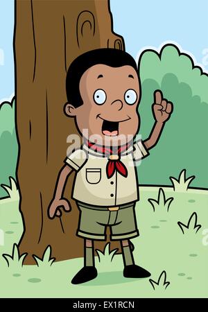 A happy cartoon boy scout in the woods. Stock Vector