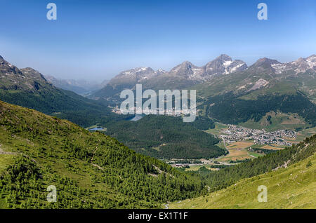 View from Muottas Muragl towards St.Moritz, Celerina and Silvaplana, Engadin, Switzerland Stock Photo