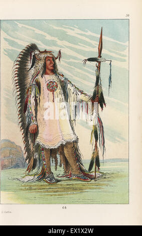 Mandan second chief Mah-to-toh-pa, Four Bears, in sheepskin shirt edged with scalps and porcupine quills, deerskin leggings, buckskin mocassins, war-eagle feather headdress and bear-claw necklace. Handcoloured lithograph from George Catlin's Manners, Customs and Condition of the North American Indians, London, 1841. Stock Photo