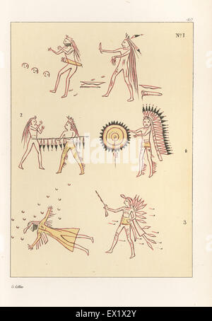 Battle scenes of the decorated robe of Mandan second chief Mah-to-toh-pa, Four Bears. Killing a Sioux warrior with three kills, lancing a Cheyenne, shooting a Cheyenne, and taking the scalp of a Cheyenne chief. Handcoloured lithograph from George Catlin's Manners, Customs and Condition of the North American Indians, London, 1841. Stock Photo