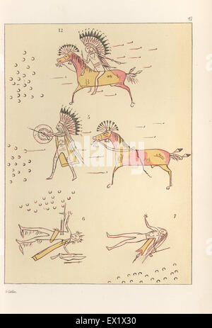 Battle scenes of the decorated robe of Mandan second chief Mah-to-toh-pa, Four Bears. Mah-to-toh-pa fighting a party of Sioux singlehanded 5, his brother killed by the Arikara 6, revenge killing of an Arikara 7, and his courage against the Sioux 12. Handcoloured lithograph from George Catlin's Manners, Customs and Condition of the North American Indians, London, 1841. Stock Photo