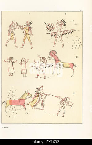 Battle scenes of the decorated robe of Mandan second chief Mah-to-toh-pa, Four Bears. Victory over a Cheyenne chief 8, standing alone against a party of Assiniboin 9, scalping two Ojibwe women 10, and shooting an Assiniboin warrior 11. Handcoloured lithograph from George Catlin's Manners, Customs and Condition of the North American Indians, London, 1841. Stock Photo