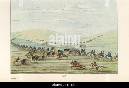 Native Americans and US cavalry at a buffalo hunt. Osage, Cherokee, Seneca, Delaware and Comanche hunting bison with Colonel Henry Dodge's 1st regiment United States' Dragoons. Handcoloured lithograph from George Catlin's Manners, Customs and Condition of the North American Indians, London, 1841. Stock Photo