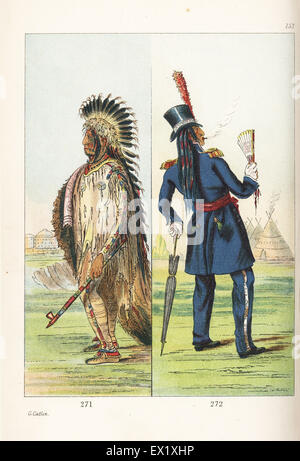 Assinboine chief Wi-jun-jon, Pigeon's Egg Head, in traditional costume of goatskin shirt and leggings, buffalo skin robe decorated with scalp-locks, and eagle feather headdress and in western dress after visiting Washington. Handcoloured lithograph from George Catlin's Manners, Customs and Condition of the North American Indians, London, 1841. Stock Photo