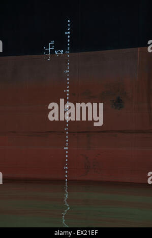 Calibration numbers and lines showing draft displacement markings on side of ships hull Stock Photo