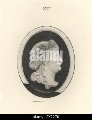 Head of unknown woman, possible a Bacchante with vineleaves in her hair. Copperplate engraving by Francesco Bartolozzi from 108 Plates of Antique Gems, 1860. The gems were from the Duke of Marlborough's collection. Stock Photo