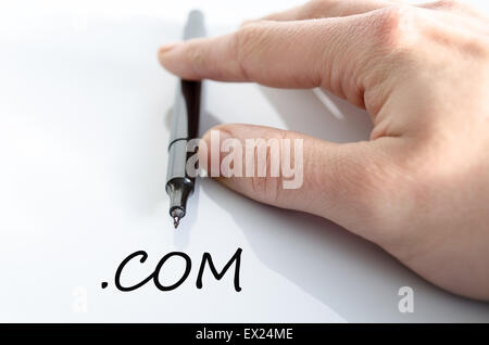 Pen in the hand isolated over white background and text concept Stock Photo