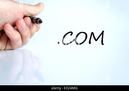 Pen in the hand isolated over white background and text concept Stock Photo