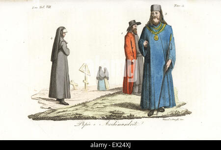 Russian Orthodox church pope and archimandrite, with nuns, in ecclesiatical robes. Handcoloured copperplate engraving by Giarre and Stanghi from Giulio Ferrario's Costumes Ancient and Modern of the Peoples of the World, Florence, 1847. Stock Photo