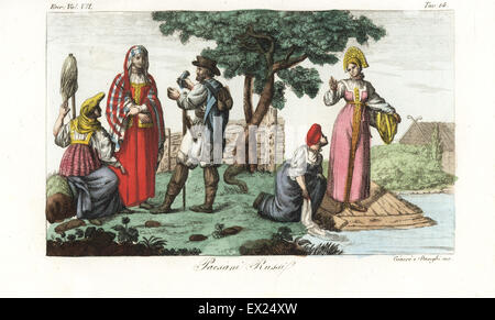 Russian serfs or peasantry. A peasant in travel clothes with hat, shirt, boots and bark shoes, and women spinning yarn and washing clothes. Handcoloured copperplate engraving by Giarre and Stanghi from Giulio Ferrario's Costumes Ancient and Modern of the Peoples of the World, Florence, 1847. Stock Photo