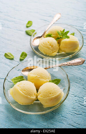 Fresh fruit sorbet ice cream in a glass plate Stock Photo