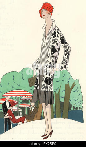 Woman in red hat and afternoon dress of crepe de chine printed in black and white. Lithograph with pochoir (stencil) coloring from the luxury fashion magazine Art Gout Beaute, ABG, Paris, April 1926. Stock Photo