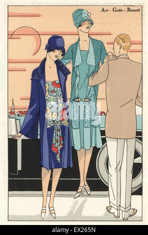 Women in afternoon dresses getting out of an automobile. One in crepe de chine and printed muslin, the other in green crepe de chine. Lithograph with pochoir (stencil) coloring from the luxury fashion magazine Art Gout Beaute, ABG, Paris, April 1926. Stock Photo