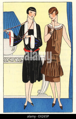 Woman in black dress of crepe de chine with white fur trim, and woman in afternoon dress in chestnut crepe de chine. Lithograph with pochoir (stencil) coloring from the luxury fashion magazine Art Gout Beaute, ABG, Paris, April 1926. Stock Photo