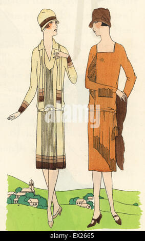 Woman in afternoon dress of shirt crepe and woman in afternoon dress of crepe de chine. Lithograph with pochoir (stencil) handcolour from the luxury fashion magazine Art, Gout, Beaute, Paris, 1926. Stock Photo
