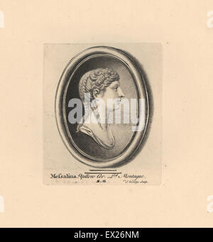 Portrait of Messalina, Roman Empress, wife to Claudius, on yellow cornelian from Lord Montague's collection. Copperplate engraving by Thomas Worlidge from James Vallentin's One Hundred and Eight Engravings from Antique Gems, 1863. Stock Photo