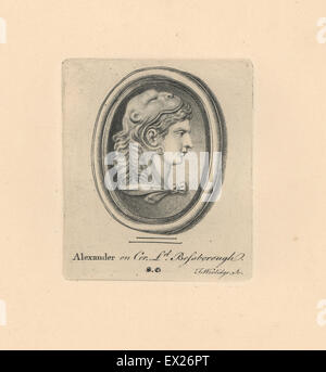 Portrait of Alexander III of Macedon, in lion scalp of Hercules, on cornelian from Lord Bessborough's collection. Copperplate engraving by Thomas Worlidge from James Vallentin's One Hundred and Eight Engravings from Antique Gems, 1863. Stock Photo