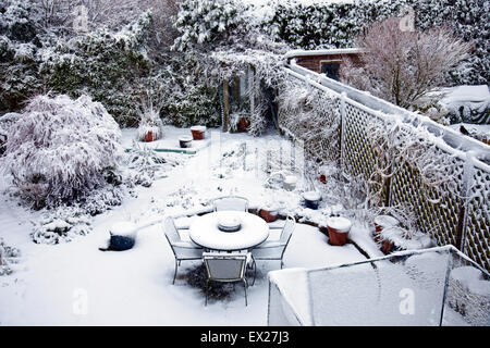 Winter snowfall in a back garden in a Somerset village, England, UK Stock Photo