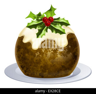 An illustration of a Christmas pudding cake with holly on top Stock Photo