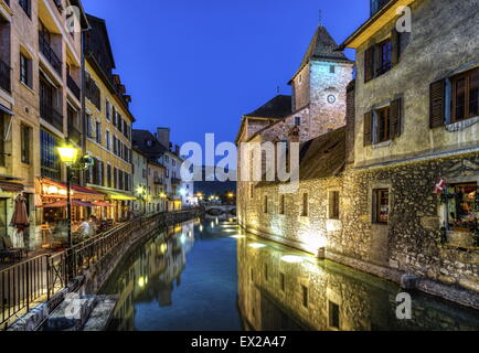 Palais de l'Ile jail and canal in Annecy old city by night, France, HDR Stock Photo