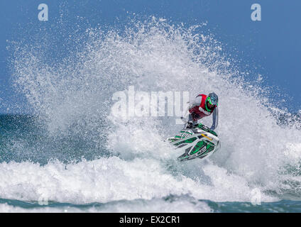 Rider competing at IFWA World Tour Jet Ski Championship 2015, Fistral beach, Cornwall, UK Stock Photo