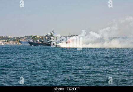 Russian military ships on navy parade in town Sevastopol in region Crimea on black sea. Stock Photo