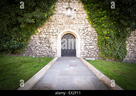 Stone road to old beautiful castle. Bright light from lamp in front of door, green grass and trees around. Beautiful landscape a Stock Photo