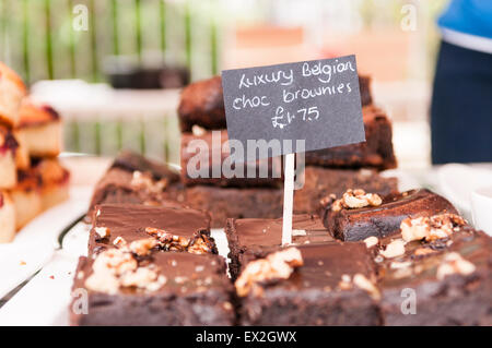 Luxury Belgian chocolate brownies for sale at a market stall Stock Photo