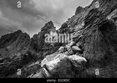 Black and White Rock formations with Dramatic Sky Cottonwood Canyon Stock Photo