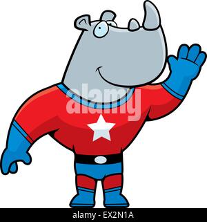 A happy cartoon rhino superhero waving and smiling. Stock Vector