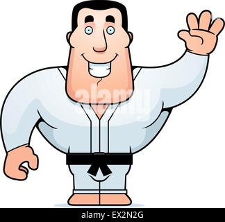 A happy cartoon karate guy  waving and smiling. Stock Vector