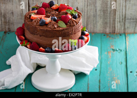Chocolate cheesecake and devil food layer cake with fresh berries Stock Photo