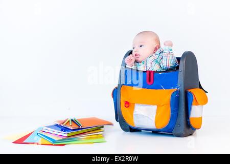 Adorable Toddler Girl With Funny Backpack Ready To Go To Daycare