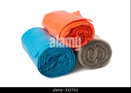 Rolls  of disposable trash bags isolated on white background Stock Photo