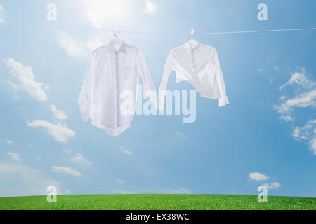 Laundry drying up on washing line Stock Photo