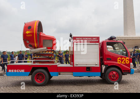 A mobile ventilation unit firetruck is photographed as it is displayed during a rehearsal by Jakarta fire brigade in Jakarta, Indonesia. Stock Photo