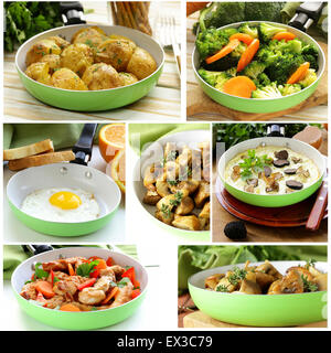 collage of different dishes fried in a pan (fried eggs, mushrooms, potatoes, vegetables, fajitas) Stock Photo