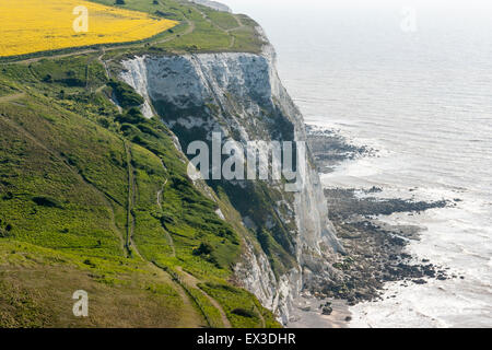 View from top and along the white cliffs of Dover. Footpath along the cliff edge with sheer cliffs down to the sea. Recent rockfalls on beach. Stock Photo