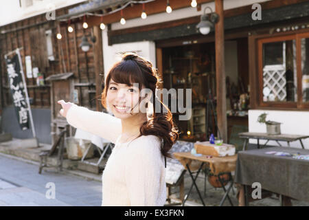 Young Japanese woman enjoying trip in Kawagoe, Japan Stock Photo