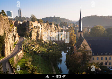 LUX, Luxembourg, city of Luxembourg, St. Jean Baptiste church at the district Grund, river Alzette, Bock casemates.  LUX, Luxemb Stock Photo