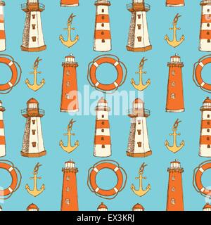 Sketch life bouy, lighthouse and anchor in vintage style, vector seamless pattern Stock Vector