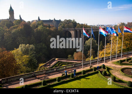 LUX, Luxembourg, city of Luxembourg, view across the river Petrusse valley to the National Bank at Place de Metz and the Pont Ad Stock Photo