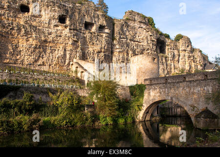 LUX, Luxembourg, city of Luxembourg, the Bock casemates and the bridge Stierchen across the river Alzette at the district Grund. Stock Photo