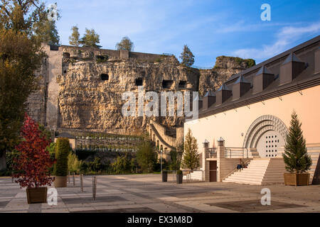 LUX, Luxembourg, city of Luxembourg, the Bock casemates and the Robert Krieps building at the cultural center at the Abbaye de N Stock Photo