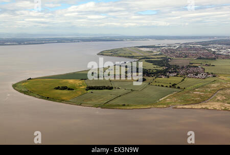 aerial view of The River Mersey looking west towards Hale village with Liverpool Airport in the far distance, south Merseyside, UK Stock Photo